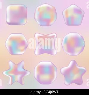 3D Pink Hologram Mockup Set, Aufkleber, Etiketten, Stempel mit verschiedenen Formen. Abstraktes Chromabzeichen, Zertifikat und Gutschein im Y2K-Stil auf verlaufendem Hintergrund. Stock Vektor