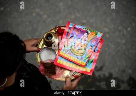 Kathmandu, Nepal. Juli 2025. Ein nepalesischer Anhänger bereitet sich darauf vor, während des Nag Panchami Festivals in Kirtipur, Kathmandu, Nepal, am 29. Juli 2025 ein Poster eines Schlangengottes am Haupteingang eines Hauses zu kleben. Am folgenden Tag verehren Menschen in Nepal, Indien und anderen hinduistischen Ländern Schlangen. Gläubige feiern dieses fest mit Glauben und Leidenschaft. An diesem Tag verehren die Gläubigen Lord Shiva, den Halter der Schlange, die sie für verheißungsvoll halten. (Foto: Narayan Maharjan/NurPhoto)0 Credit: NurPhoto SRL/Alamy Live News Stockfoto