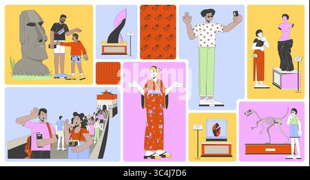 Touristen erleben globale Kultur und Erbe bento Raster Illustrationsset Stock Vektor