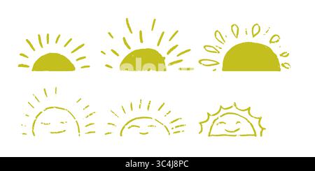 Eine halbkreisförmige Sonne, handgezeichnete Ikonen im Stil von Kritzeleien. Vektorabbildung. Einfache grafische Symbole für Sonnenaufgang, Sonnenuntergang und Sommerhitze Stock Vektor
