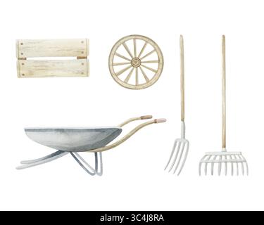 Aquarell Gartenwerkzeuge Set isoliert auf weiß. Bauernkarre, Heugabel, Heurechen, Holzrad und Kistenkiste. Landmaschinen-Clipart in Stockfoto