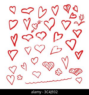 Herzen, handgezeichnete Ikonen in verschiedenen Formen. Vektorabbildung. Eine Reihe von Symbolen der Liebe, Valentinstag und Glückswünsche, isoliert auf einem Weißen Stock Vektor