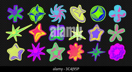 Y2K 3d Punk Neonfarben Hell Chrom Halbtonsterne Form Retro abstrakte Vektor Illustration Sticker Set. Stock Vektor