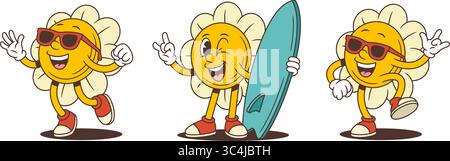 Maskottchen mit Zeichentrickblumen, ausdrucksstarken Gesichtern, auffälligen Posen und hellen Sommeratmosphäre. Perfekt für Projekte für Kinder, saisonale Themen oder lehrreiche Inhalte. Stock Vektor