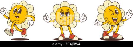 Maskottchen mit Zeichentrickblumen und hellen Gesichtern und ausdrucksstarken Posen, ideal für Kinder, Schulmaterialien oder lustige digitale Designs. Zu den Funktionen gehören Sprung Stock Vektor