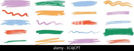 Unterstrichenes Set mit Kritzelkreide. Mit Buntstift und Pastellstift zeichnen sich Linien, Krabbeln und Hervorhebungsstriche ab. Vektorabbildung Stock Vektor