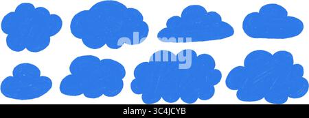 Handgezeichnete blaue Pastellwolken Set. Kindliche Buntstifte kritzeln Himmelselemente. Vektorillustration auf weißem Hintergrund Stock Vektor