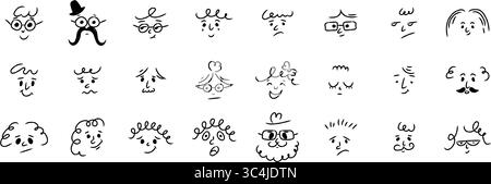 Handgezeichnetes Emoticon-Set mit Buntstift. Farbenfrohe Emoji-Gesichter im Doodle-Stil mit verschiedenen Stimmungen und Gefühlen. Symbole für Vektor-Zeichentrickfiguren Stock Vektor