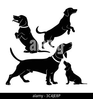 Sammlung von Silhouette-Illustrationen mit verspielten alpinen Dachsbracken-Hunden in verschiedenen Posen Stock Vektor
