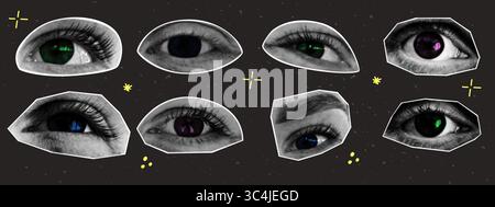 Trendige Rastone-Collage-Augen mit Doodle-Elementen. Y2K-Stil. Moderne Vektorillustration Stock Vektor