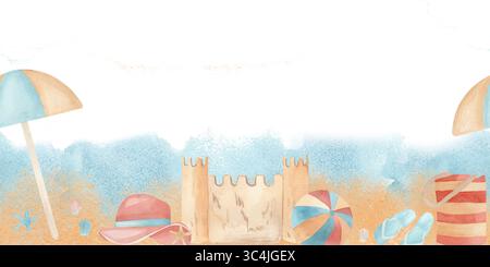 Nahtloses horizontales Muster Aquarell Hand gezeichnete Strand Accessoires, Ball und Sonnenschirm Strand auf Sand und Meer Hintergrund. Ideal für Sommereinladungen, Stockfoto