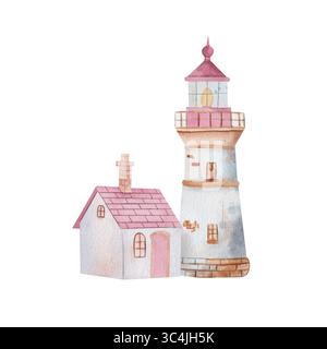Komposition eines Leuchtturms in Aquarellfarben mit einem beleuchteten Licht, Fenstern und einem kleinen Haus mit einem Kamin und einem rosafarbenen Ziegeldach, isoliert auf weißem Hintergrund. Stockfoto