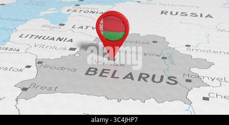 Weißrussland, Minsk - Standort Pin mit Nationalflagge auf politischer Karte - 3D-Illustration Stockfoto