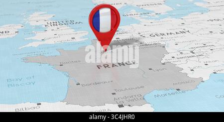 Frankreich, Paris - Positionsnadel mit Nationalflagge auf politischer Karte - 3D-Illustration Stockfoto