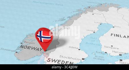 Norwegen, Oslo - Positionsnadel mit Nationalflagge auf politischer Karte - 3D-Illustration Stockfoto