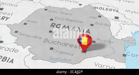 Rumänien, Bukarest - Standort-Pin mit Nationalflagge auf politischer Karte - 3D-Illustration Stockfoto