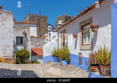 Historisches Schloss und weiß getünchte Häuser in Obidos Stockfoto
