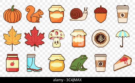 Herbstsymbole. Pixelbildobjekte im 8-Bit-Stil. Kürbis, Eichhörnchen, Marmelade, Pilz, Regenschirm. Stock Vektor
