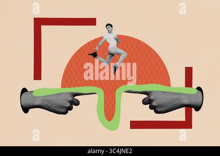 Poster Trendskizze Vorlage 3D-Collage des Gesten-Fingerpunktes mit Körpersprache-Schild Route junger Mann Jump Levitate Line Illustration Stockfoto
