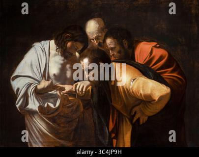 Michelangelo Merisi da Caravaggio, die Ungläubigkeit des Heiligen Thomas (zweifelnder Thomas), Ölgemälde auf Leinwand, 1601-1602 Stockfoto