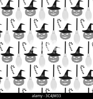 Jack Laterne in Hexenhut Besen und gestreiftes Candy Cane nahtloses Muster in Graustufen Halloween Fond. Isolierte Vektor-Illustration Halloween verwandte Inhalte Gruß Thematische Karten, Faltblatt, Beiträge, Tag Stock Vektor