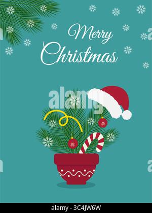 Tannenzweige mit Weihnachtsdekor und Weihnachtsmütze im Blumentopf und Happy New Year 2026 Text Poster Idee. Isolierte Vektor-Illustration Winterurlaub verwandte Inhalte, Werbekarten, Grüße, Promo-Broschüren Stock Vektor