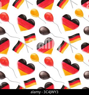 Nahtloses Muster mit festlichen Elementen deutscher Symbole. Herzförmige Flagge und rote, gelbe und schwarze Ballons. Handgezeichnetes Aquarell. Stockfoto
