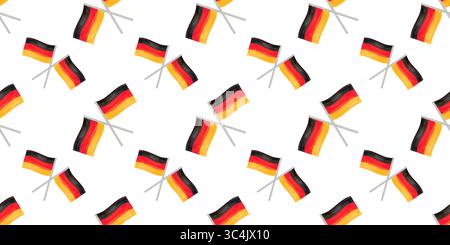 Horizontales nahtloses Muster mit festlichen Elementen deutscher Symbole. Aquarelldarstellung von Flaggen, die in verschiedene Richtungen gedreht werden. Stockfoto
