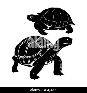 Schwarze Silhouetten von zwei Aldabra-Riesenschildkröten mit Shell und verlängertem Hals Stock Vektor