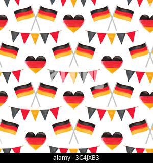 Nahtloses Muster mit deutscher Flagge in Herzform, verziert mit Girlanden. Aquarellabbildung in Rot-Gelb und Schwarz Stockfoto