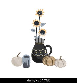 Herbstliche ästhetische Komposition mit Kürbissen, Kerzen und Sonnenblumen in einem Keramikkkrug. Vektor-Herbstillustration Stock Vektor