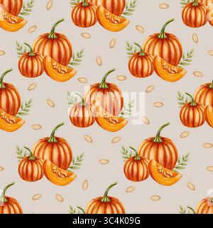 Nahtloses Muster mit orangefarbenen Kürbissen in gemütlicher Herbststimmung, handgezeichnet im Aquarellstil, perfekt für die saisonale Einrichtung Stockfoto