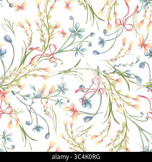 Niedliches nahtloses Aquarellmuster für Mädchen. Wilde Blumen und Bögen auf dem Hintergrund verstreut. Florales Muster mit bunten Blumen. Handbemalt Stockfoto