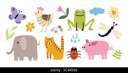 Vector Children Naive Scribble Set Von Tieren Stock Vektor