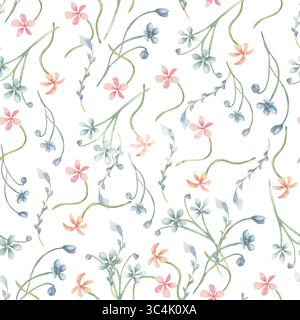Zartes, nahtloses Muster der wilden Blume isoliert. Winzige handgemalte Aquarelle blüht in blauen und rosa Farben. Florale, weiche Farben mit Liberty-Aufdruck Stockfoto