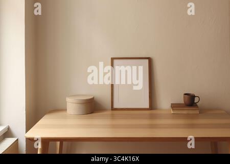 Hölzerner vertikaler Bilderrahmen, Postermockup auf dem Tisch. Minimalistischer Innenraum. Kaffeetasse, Bücher, runde Aufbewahrungsbox vor beigefarbenem Wandhintergrund Stockfoto