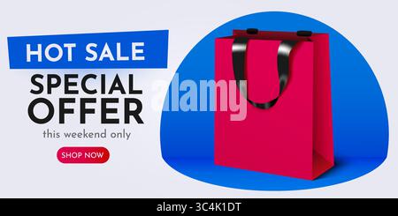 Shopping- oder Mega-Sale-Banner. Farbenfroher Rabattverkauf Hintergrund mit Einkaufstasche. Vektorabbildung Stock Vektor