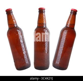 Flaschen mit isolierten Tropfen auf weißem Hintergrund Stockfoto