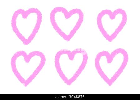 Hand gezeichnet Rosa Herz Doodle Set Liebe Icons, Kreide Stil, Grunge Herzen isoliert auf transparentem Hintergrund, PNG Illustration Collection Stockfoto