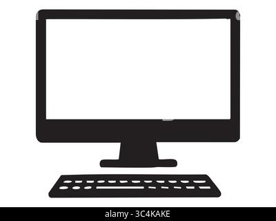 Schwarze Silhouette eines Desktop-Computers mit Monitor und Tastatur auf weißem Hintergrund. Konzept der Technologie, Gadget, Icon, Büroausstattung, DE Stock Vektor