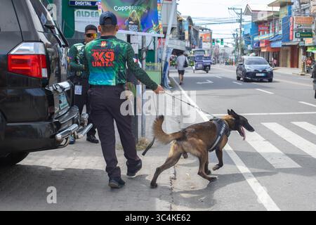 Polizei patrouilliert Straßen mit Diensthunden, K9-Team und öffentlicher Sicherheit Stockfoto