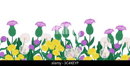 Horizontaler Hintergrund mit Disteln und Löwenzahn Stock Vektor