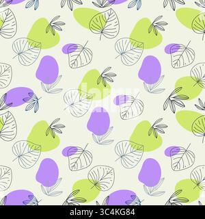 Nahtloses botanisches Muster mit abstrakten Formen und Linienblättern in Grün- und Lila-Tönen. Stock Vektor
