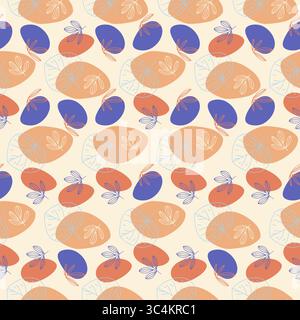 Nahtloses abstraktes Blattmuster mit orangen und violetten organischen Formen. Stock Vektor