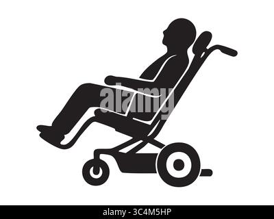 Schwarze Silhouette des Mannes im Transportrollstuhl isoliert auf weißem Hintergrund, grafische Illustration. Konzept der Patientenmobilität, Behinderung, Alter c Stock Vektor
