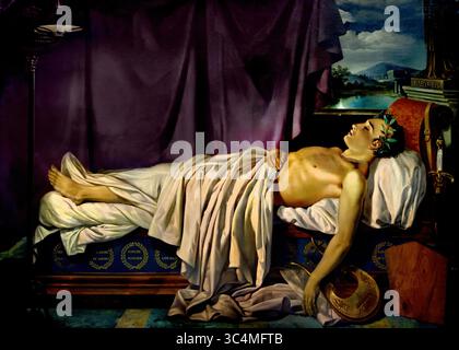 Lord Byron on His Death Bed, 1826, 19. Jahrhundert von Joseph Denis Odevaere. Groeningemuseum, Stadtmuseum, Brügge, Belgien, Lord Byron (* 22. Januar 1788 in London, England; gestorben am 19. April 1824; Missolonghi, Griechenland) war ein britischer Romantiker und Satiriker, dessen Poesie und Persönlichkeit die Fantasie Europas beflügelte. Bekannt als „düsterer Egoist“ seines autobiografischen Gedichts Childe Harold’s Pilgrimage (1812–18) im 19. Jahrhundert, wird er heute allgemein für den satirischen Realismus von Don Juan (1819–24) geschätzt. Stockfoto