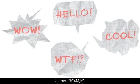 Zerknitterte und zerknitterte, zerrissene Papier-Sprechballons mit roten Worten: WOW, COOL, WTF, COOLES quadratisches Raster. Chat-Tags im Comic-Stil und Texturen für die Schule Stock Vektor