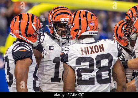 9. September 2018 – Indianapolis, Indiana, USA – Cincinnati Bengals Wide Receiver A.J. Green (18) und Cincinnati Bengals Running Back Joe Mixon (28) feiern Green in der zweiten Spielhälfte zwischen den Cincinnati Bengals und den Indianapolis Colts im Lucas Oil Stadium, Indianapolis, Indiana. (Bild: © Scott Stuart/ZUMA Wire) Stockfoto