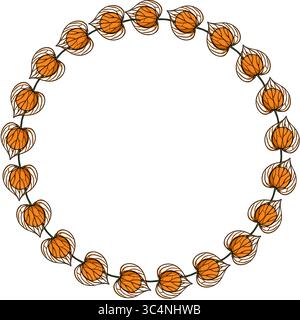 Elegantes, kreisförmiges Vektorrahmendesign mit einer durchgehenden Girlande aus stilisierten Physalis alkekengi, die in leuchtenden Orange- und filigranen weiß gehalten wird Stock Vektor