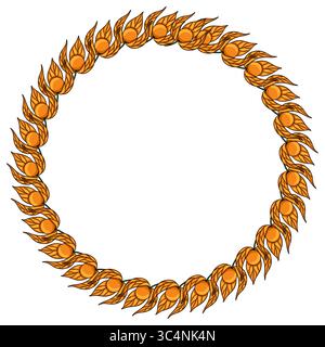 Elegantes, runder Vektor-Rahmendesign mit einem durchgehenden Muster aus stilisierten Physalis-Früchten und Blättern in warmen Orangetönen, perfekt für den Herbst oder h Stock Vektor
